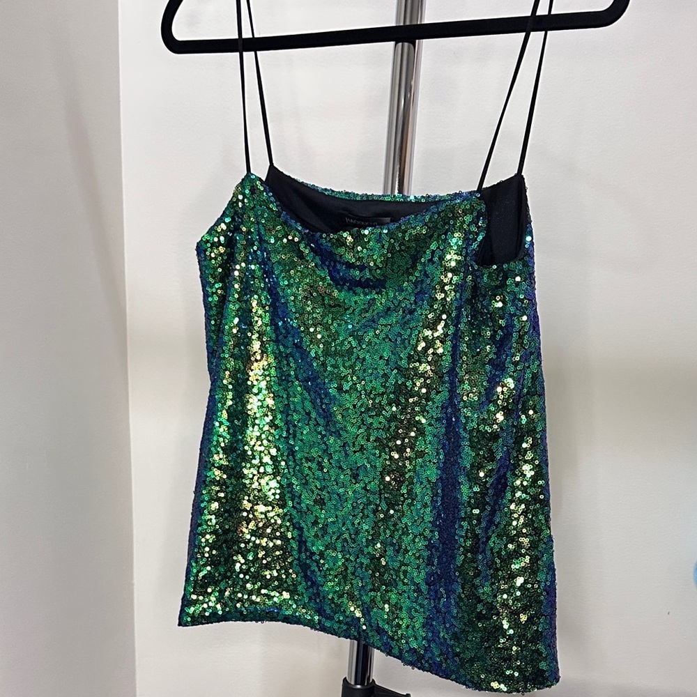 Haoduoyi Green Sequins Cami Spaghetti Strap Top, Size Large